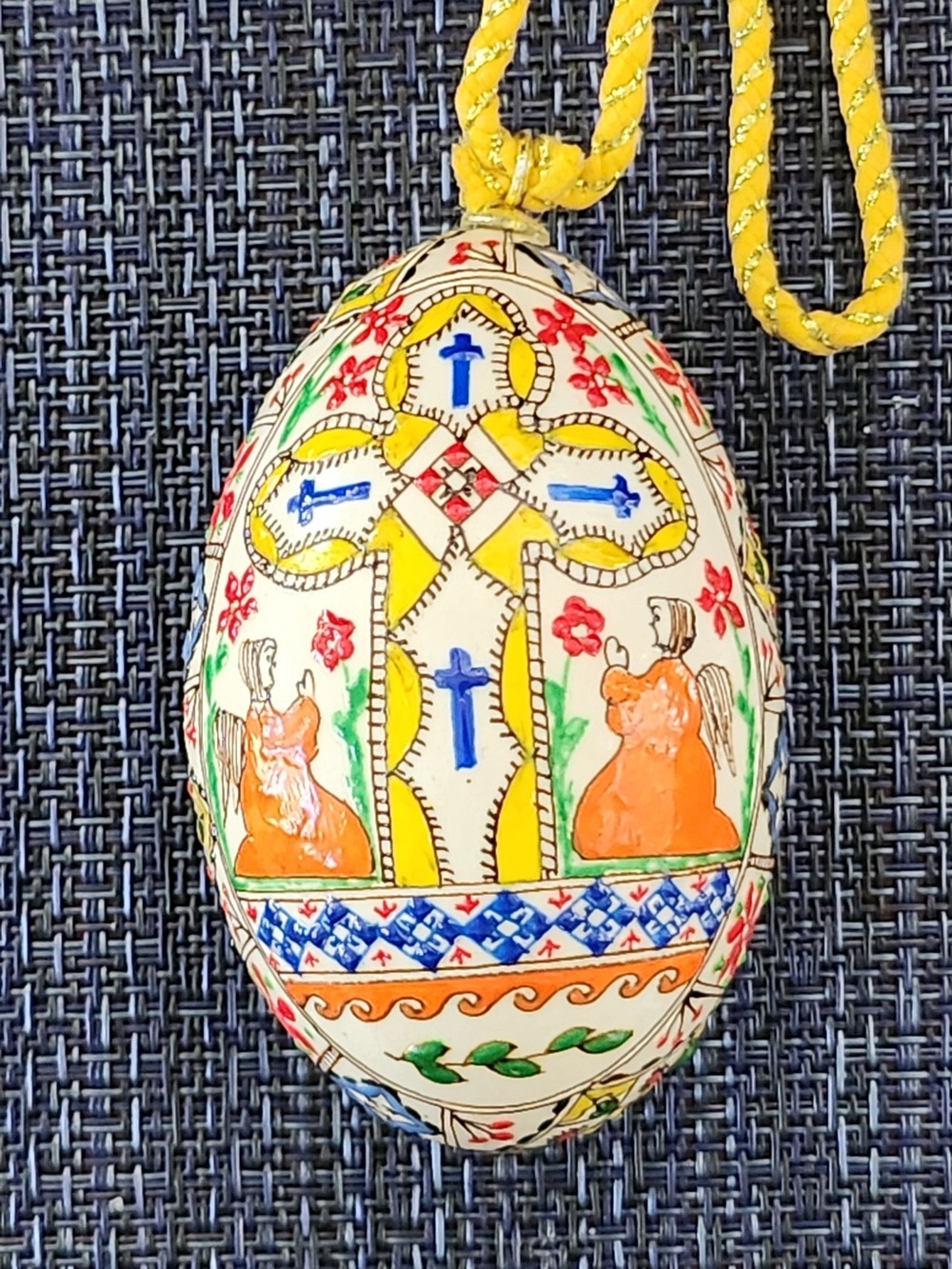 Hand Crafted Yellow and Orange Decorative Egg Ornament with Blue Accents